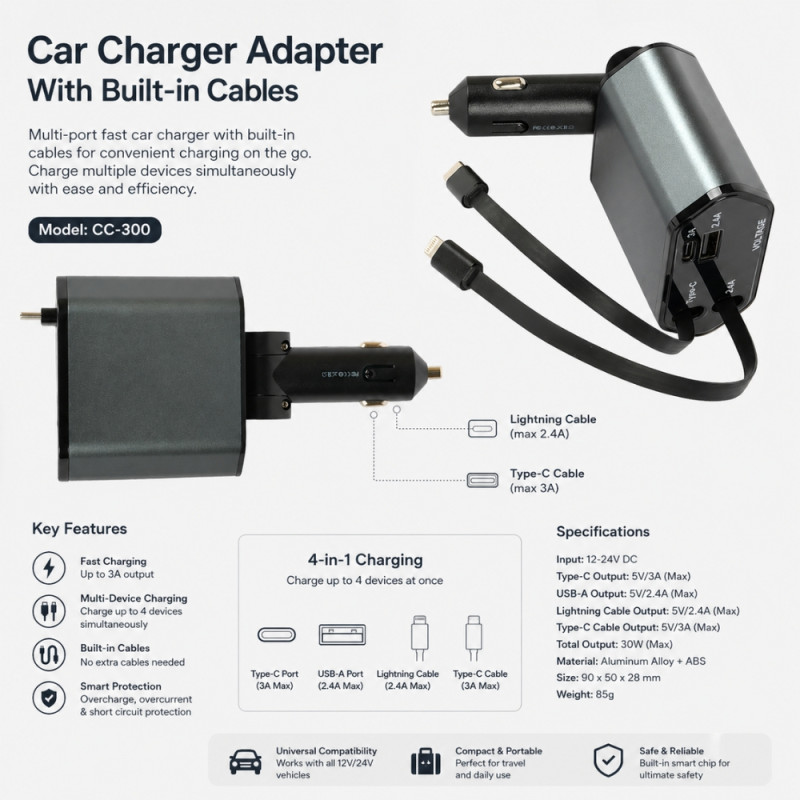 4-in-1 Retractable Car Charger Adapter with Built-in Lightning and Type-C Cables – 14 x 7cm – Black and Gray