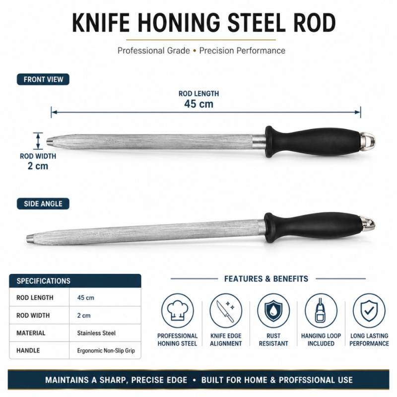 Professional Stainless Steel Honing Rod – Silver &amp; Black Handle (2x45cm)