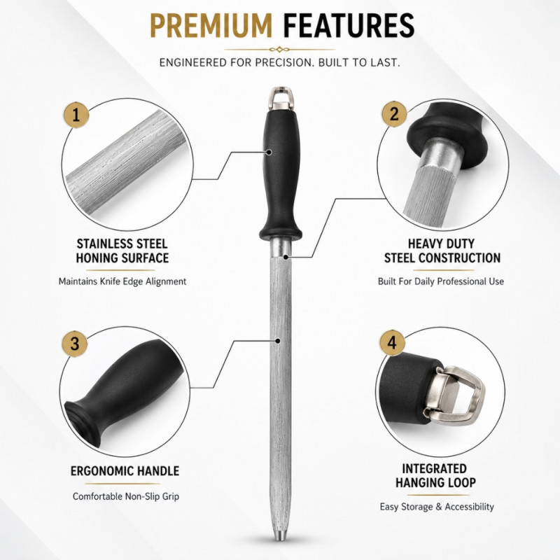 Professional Stainless Steel Honing Rod – Silver &amp; Black Handle (2x45cm)
