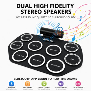 9-Pad Portable Electronic Roll-Up Drum Kit – MIDI Support & Rechargeable – Black (62x45cm)
