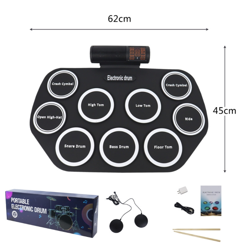 9-Pad Portable Electronic Roll-Up Drum Kit – MIDI Support & Rechargeable – Black (62x45cm)