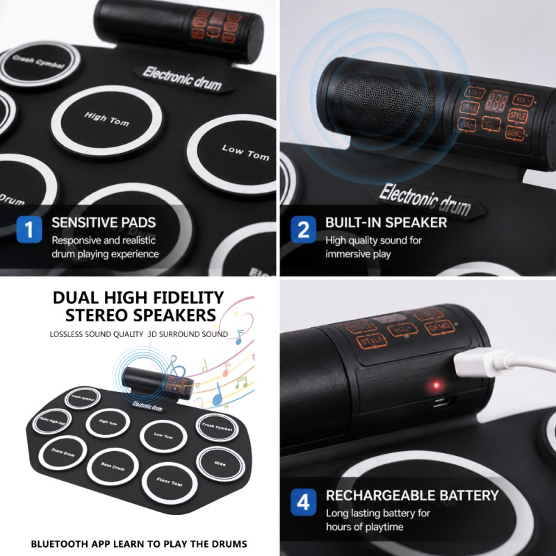 9-Pad Portable Electronic Roll-Up Drum Kit – MIDI Support & Rechargeable – Black (62x45cm)