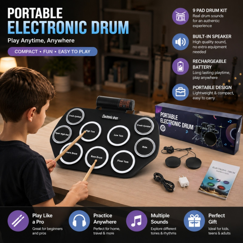 9-Pad Portable Electronic Roll-Up Drum Kit – MIDI Support & Rechargeable – Black (62x45cm)