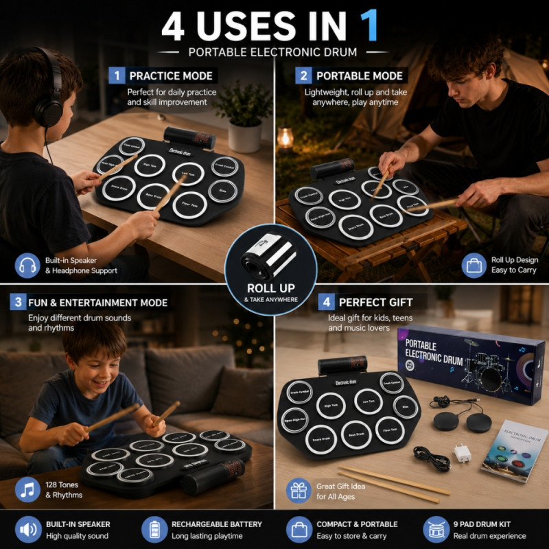 9-Pad Portable Electronic Roll-Up Drum Kit – MIDI Support & Rechargeable – Black (62x45cm)