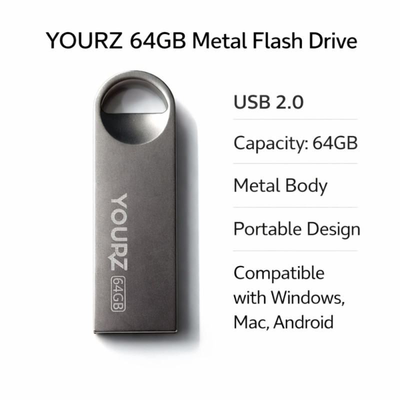 Yourz U9 64GB Metal Flash Drive with a Swivel Cap Design – Silver