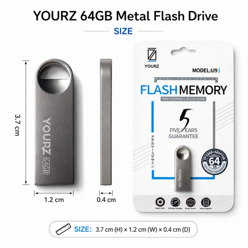 Yourz U9 64GB Metal Flash Drive with a Swivel Cap Design – Silver