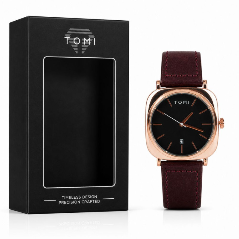 TOMI Rose Gold Square Business Watch – Black Dial & Dark Brown Leather Strap (25.2cm)
