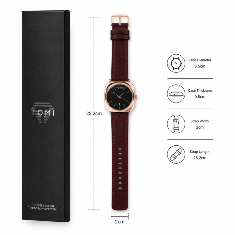 TOMI Rose Gold Square Business Watch – Black Dial & Dark Brown Leather Strap (25.2cm)