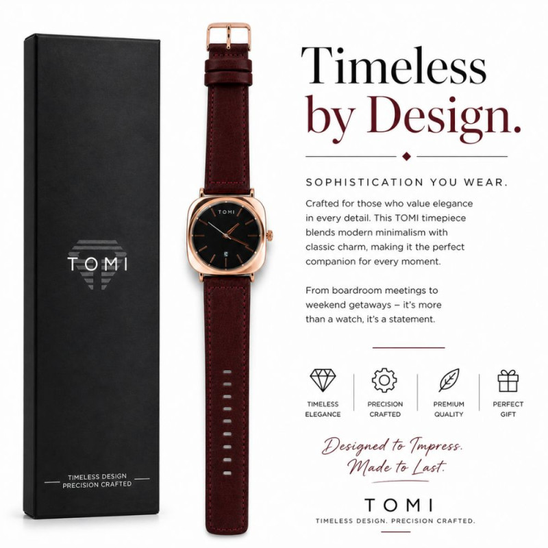 TOMI Rose Gold Square Business Watch – Black Dial & Dark Brown Leather Strap (25.2cm)