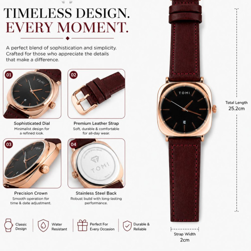 TOMI Rose Gold Square Business Watch – Black Dial & Dark Brown Leather Strap (25.2cm)