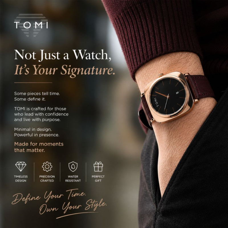 TOMI Rose Gold Square Business Watch – Black Dial & Dark Brown Leather Strap (25.2cm)