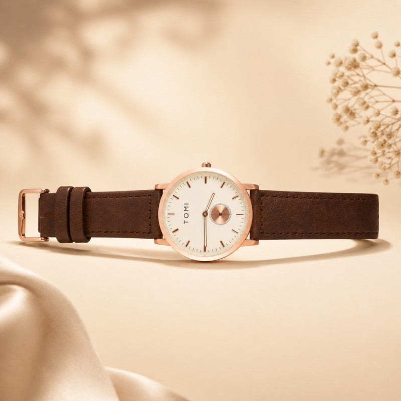 TOMI Minimalist Women's Quartz Watch – Rose Gold & Brown Leather (25x4cm)