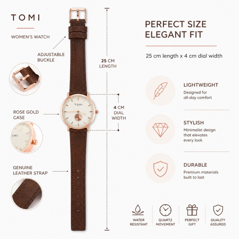 TOMI Minimalist Women's Quartz Watch – Rose Gold & Brown Leather (25x4cm)