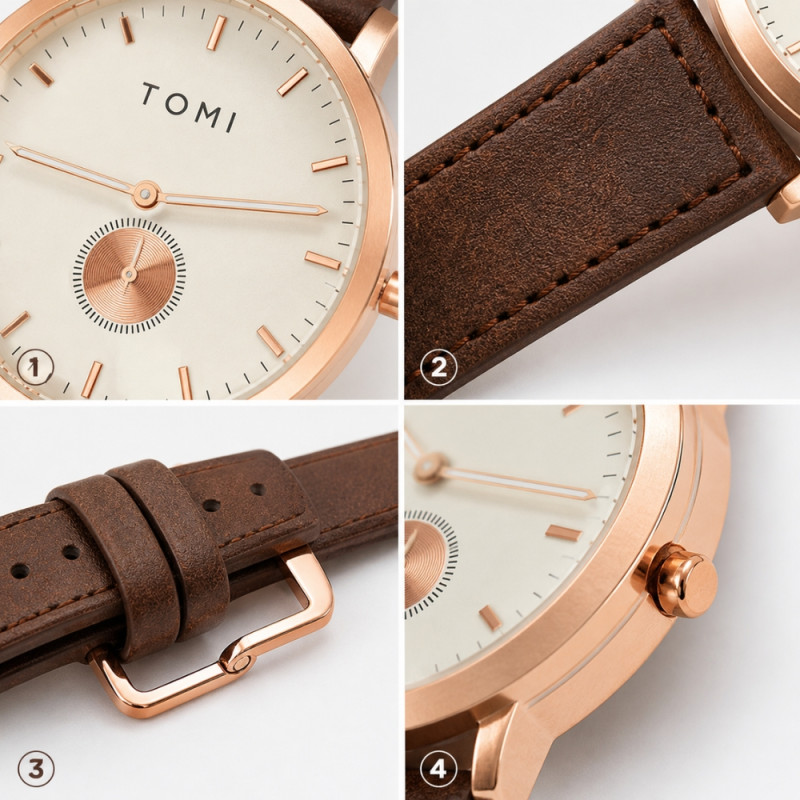 TOMI Minimalist Women's Quartz Watch – Rose Gold & Brown Leather (25x4cm)
