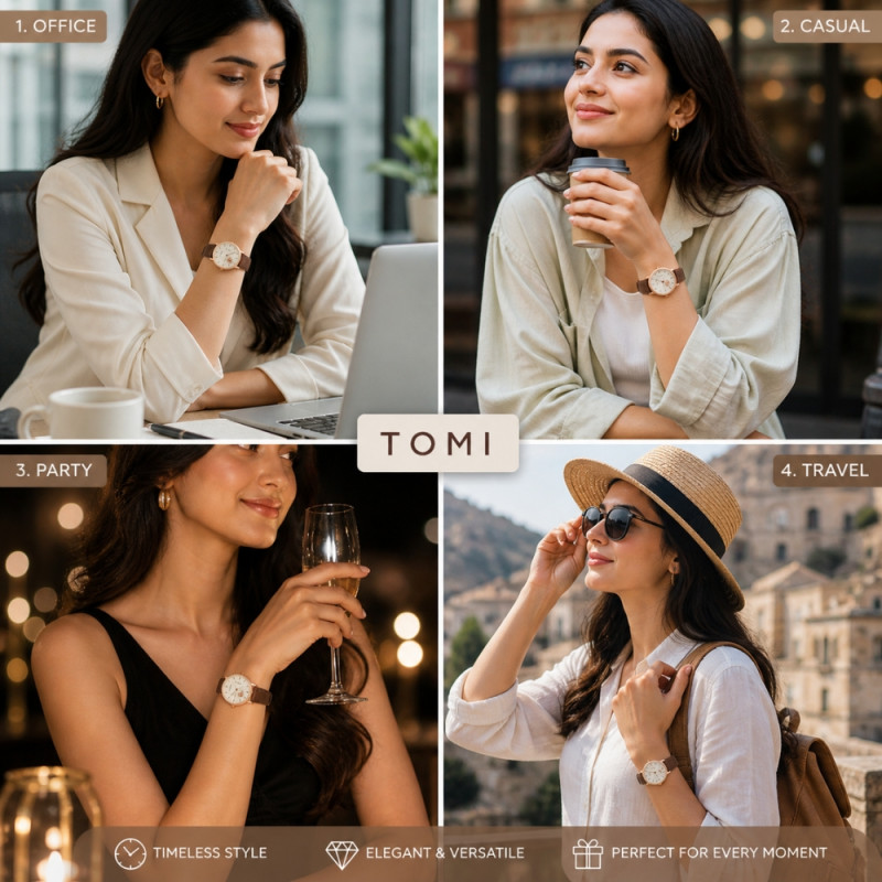 TOMI Minimalist Women's Quartz Watch – Rose Gold & Brown Leather (25x4cm)