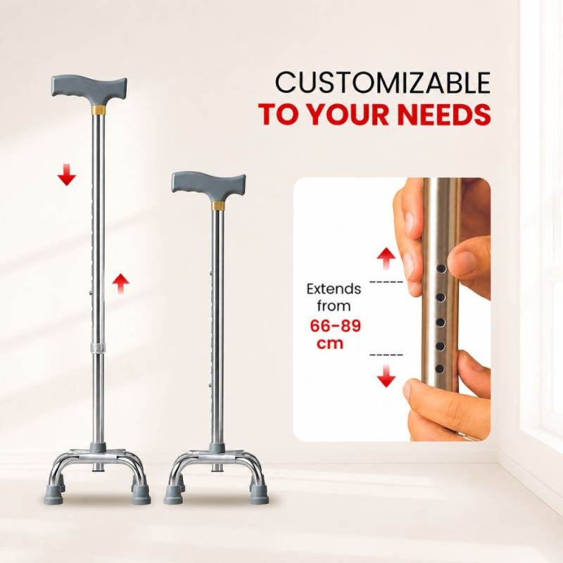 Professional Height-Adjustable Aluminum Walking Stick – Four-Point Base & Grey Handle (89cm)