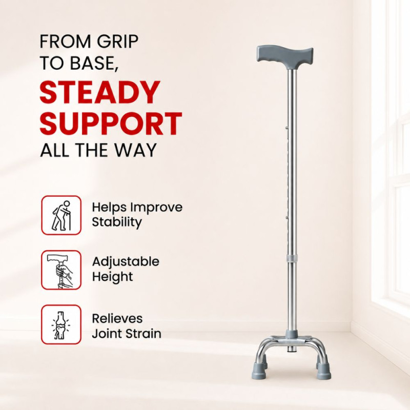 Professional Height-Adjustable Aluminum Walking Stick – Four-Point Base & Grey Handle (89cm)