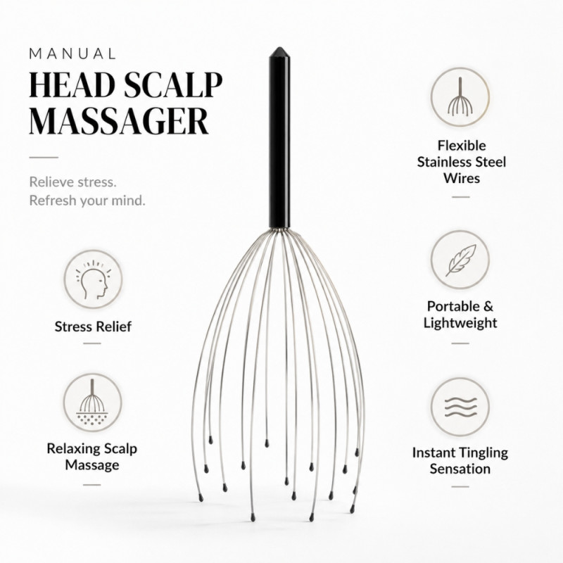 Avant-Garde manual head scalp massager featuring stainless steel wires with rubber tips – Black & Silver (25cm)