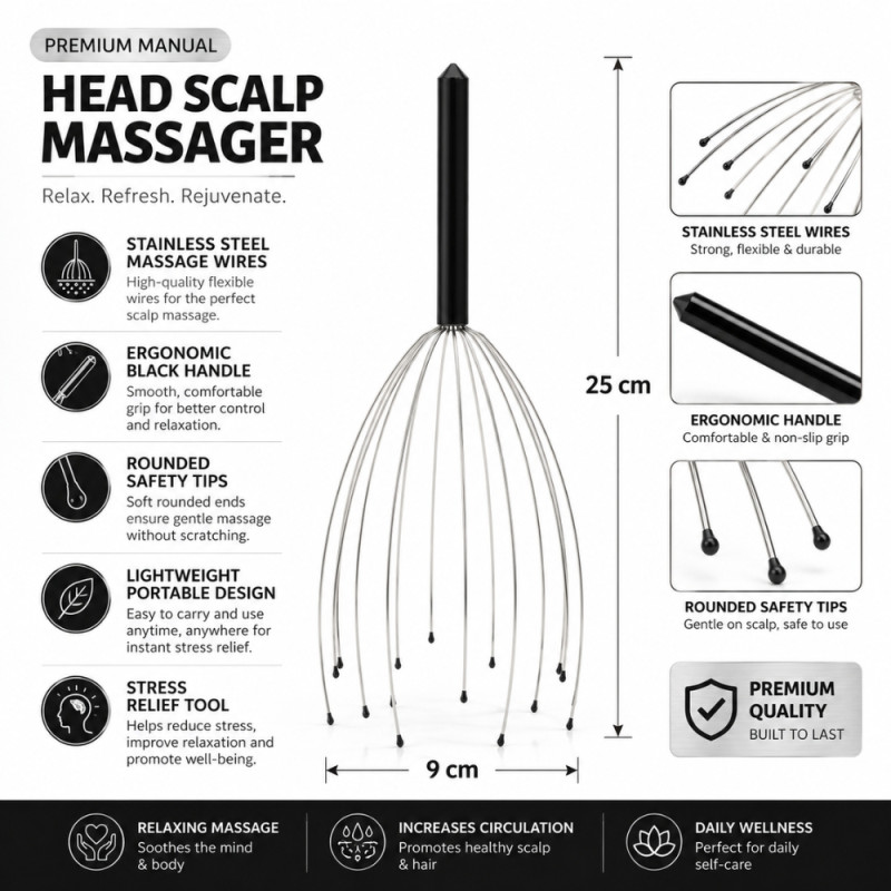 Avant-Garde manual head scalp massager featuring stainless steel wires with rubber tips – Black & Silver (25cm)