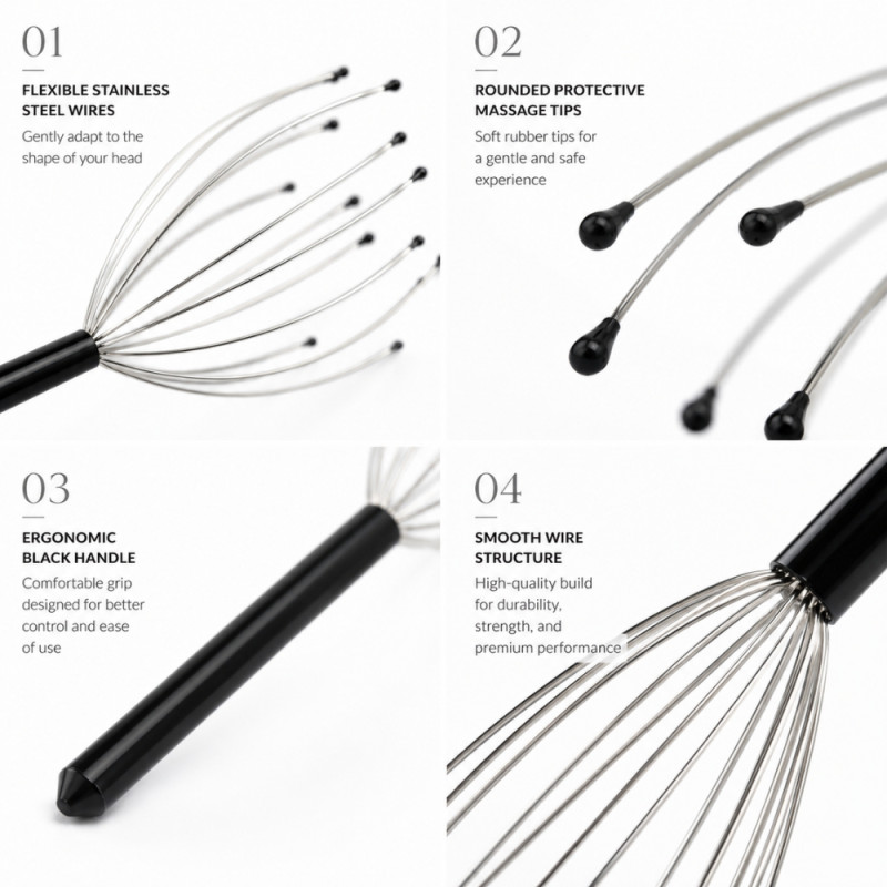 Avant-Garde manual head scalp massager featuring stainless steel wires with rubber tips – Black & Silver (25cm)