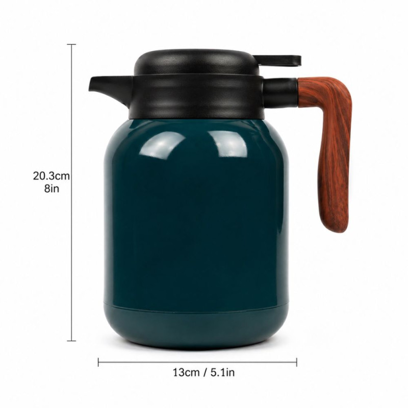 Professional Dark Teal Thermal Coffee Pot & Tea Flask – Stainless Steel with Wood-Style Handle
