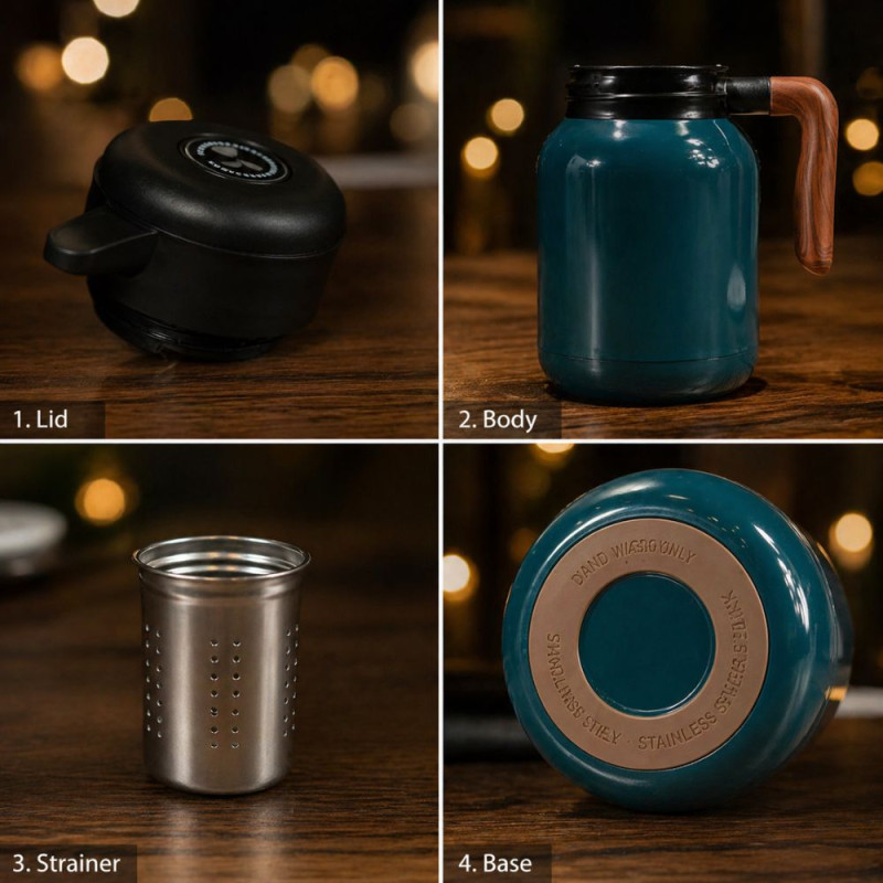 Professional Dark Teal Thermal Coffee Pot & Tea Flask – Stainless Steel with Wood-Style Handle