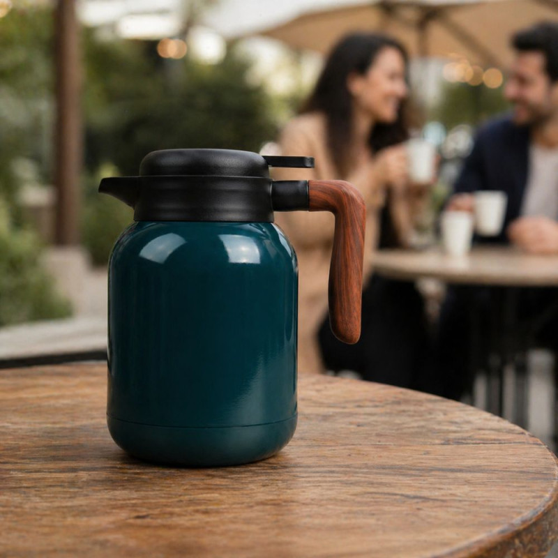 Professional Dark Teal Thermal Coffee Pot & Tea Flask – Stainless Steel with Wood-Style Handle