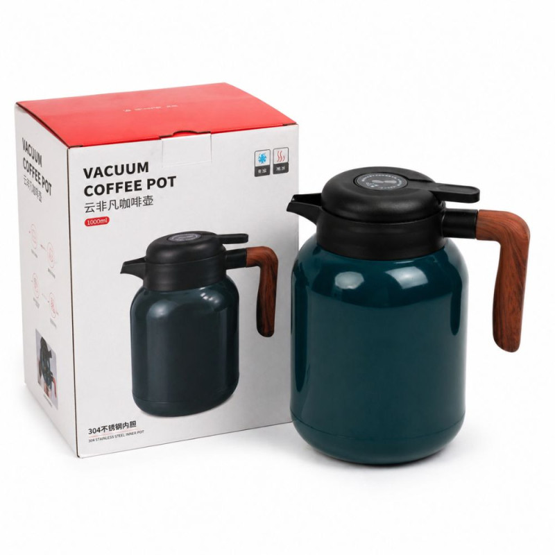 Professional Dark Teal Thermal Coffee Pot & Tea Flask – Stainless Steel with Wood-Style Handle