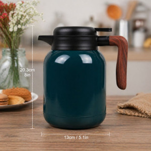 Professional Dark Teal Thermal Coffee Pot & Tea Flask – Stainless Steel with Wood-Style Handle
