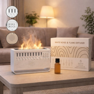 Multifunctional White Noise Machine and Aroma Diffuser with Simulated Flame Light Effect – 10.8 x 13.8cm – White Multifunctional White Noise Machine and Aroma Diffuser with Simulated Flame Light Effect – 10.8 x 13.8cm – White