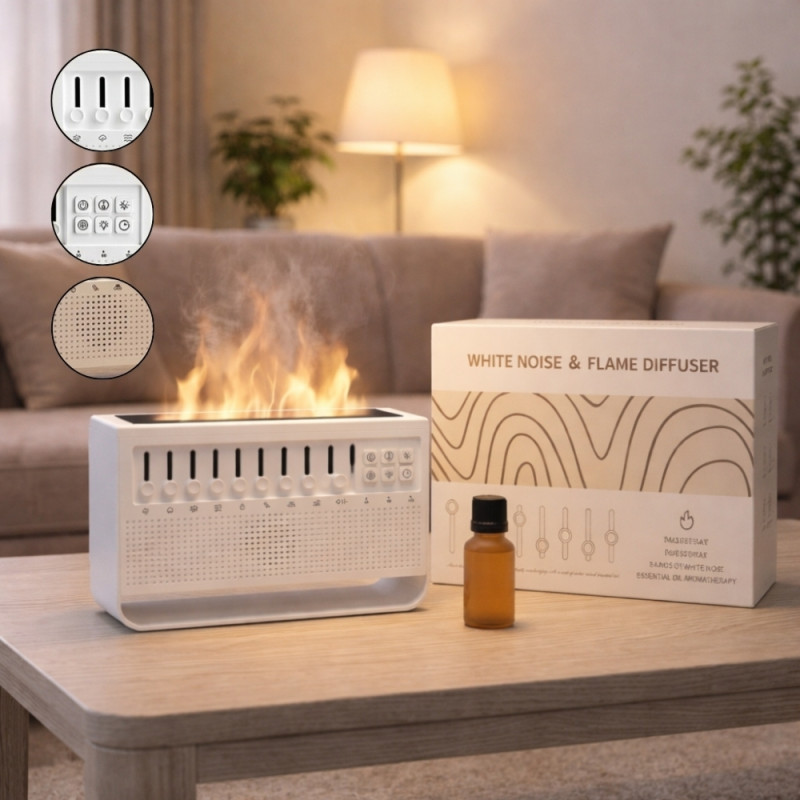 Multifunctional White Noise Machine and Aroma Diffuser with Simulated Flame Light Effect – 10.8 x 13.8cm – White