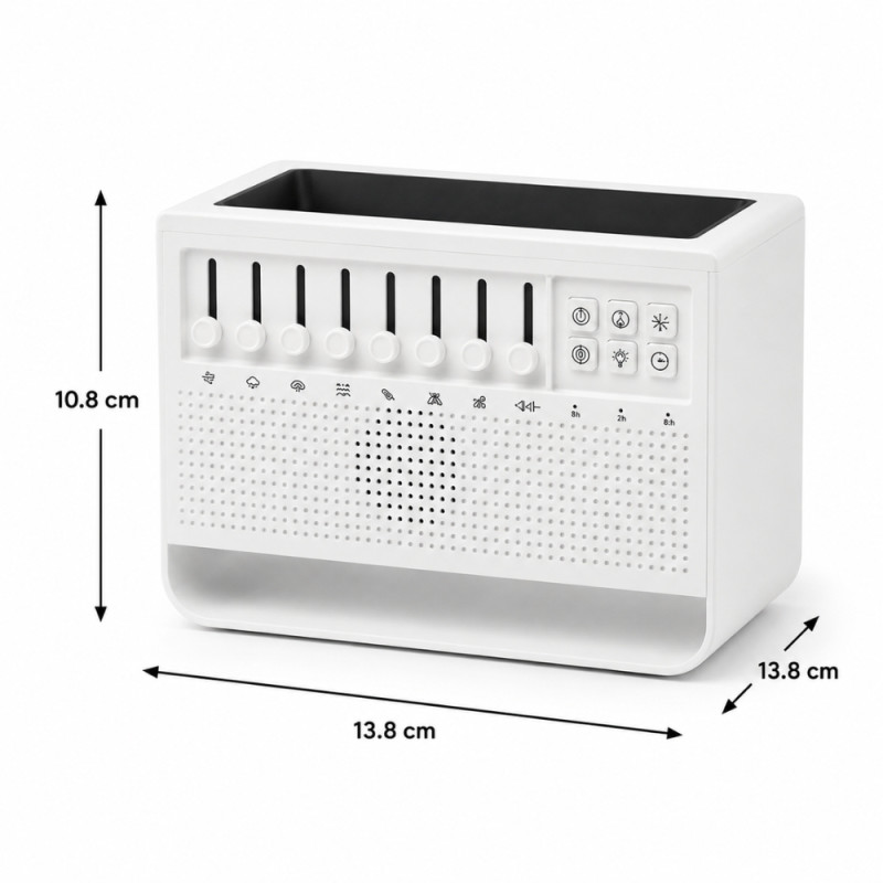 Multifunctional White Noise Machine and Aroma Diffuser with Simulated Flame Light Effect – 10.8 x 13.8cm – White