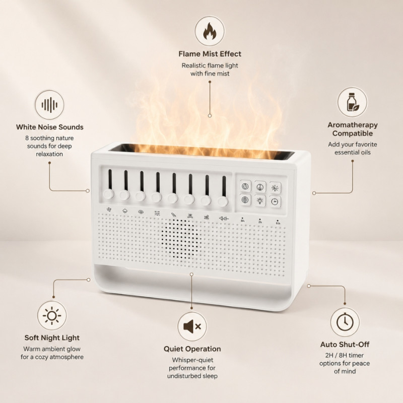 Multifunctional White Noise Machine and Aroma Diffuser with Simulated Flame Light Effect – 10.8 x 13.8cm – White