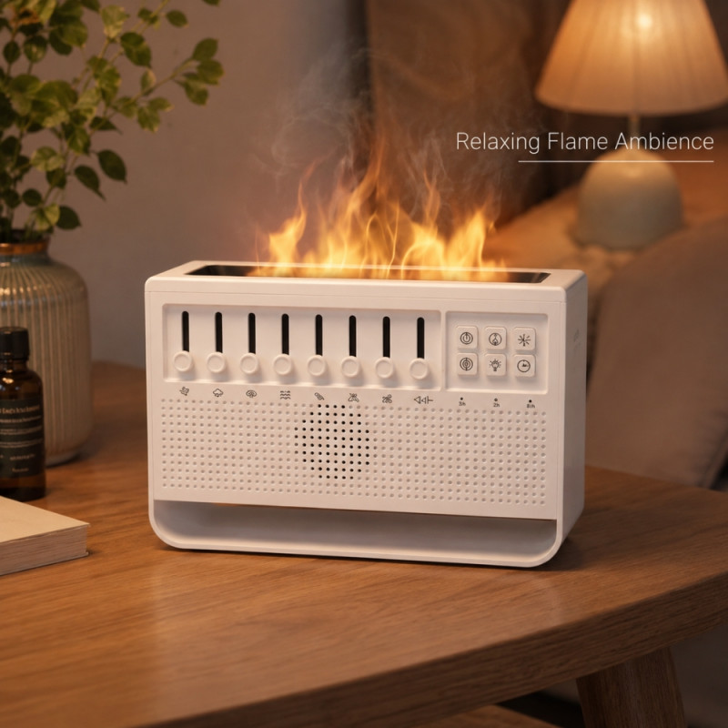 Multifunctional White Noise Machine and Aroma Diffuser with Simulated Flame Light Effect – 10.8 x 13.8cm – White