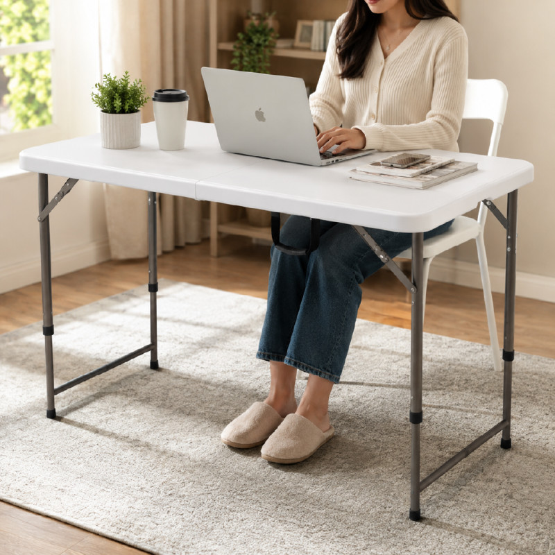 White Portable Folding Table with Height-Adjustable Legs – 74 x 120 x 60 cm – White