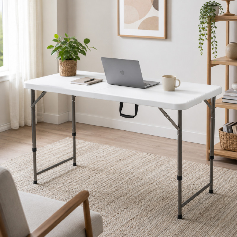 White Portable Folding Table with Height-Adjustable Legs – 74 x 120 x 60 cm – White