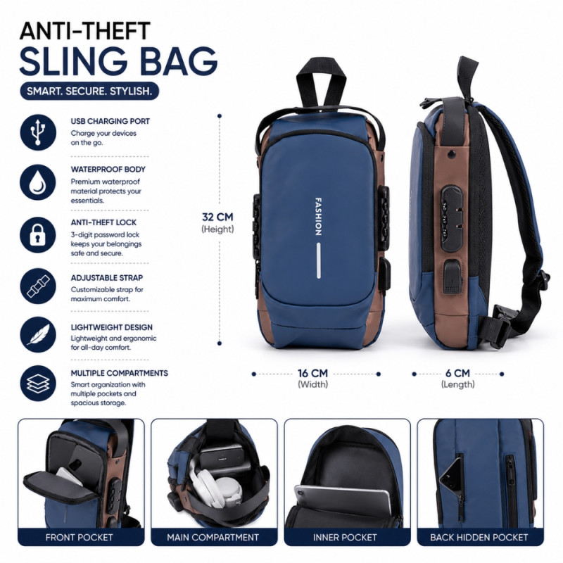 Premium Anti Theft Crossbody Sling Bag With USB Charging Port and Combination Lock
