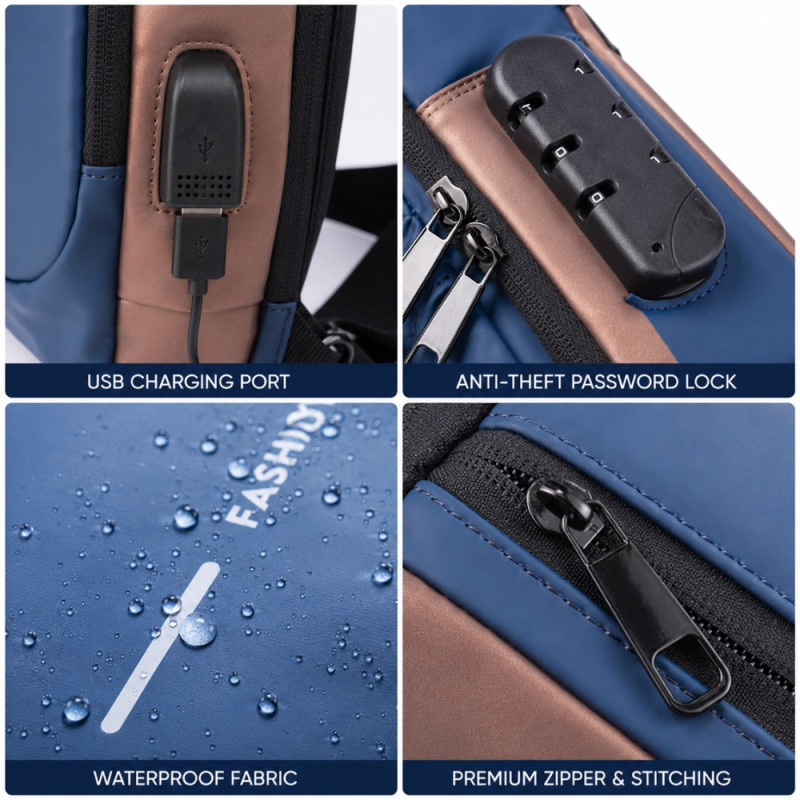 Premium Anti Theft Crossbody Sling Bag With USB Charging Port and Combination Lock
