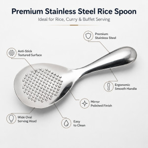 Artisanal stainless steel rice paddle with a non-stick textured surface designed for serving rice – Silver (20 x 7cm)