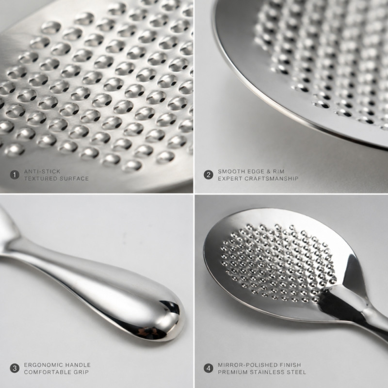 Artisanal stainless steel rice paddle with a non-stick textured surface designed for serving rice – Silver (20 x 7cm)