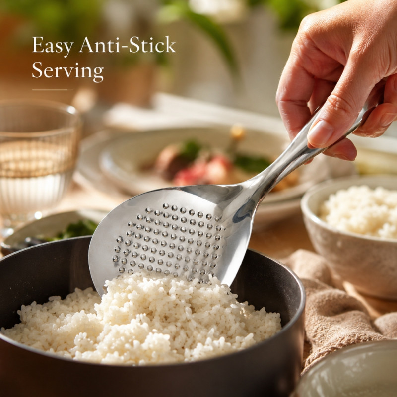 Artisanal stainless steel rice paddle with a non-stick textured surface designed for serving rice – Silver (20 x 7cm)