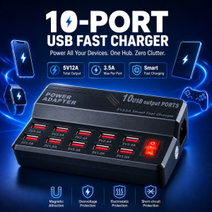 Product Name EN: Professional 10-Port USB Fast Charging Station – Multi-Device Hub (Black)