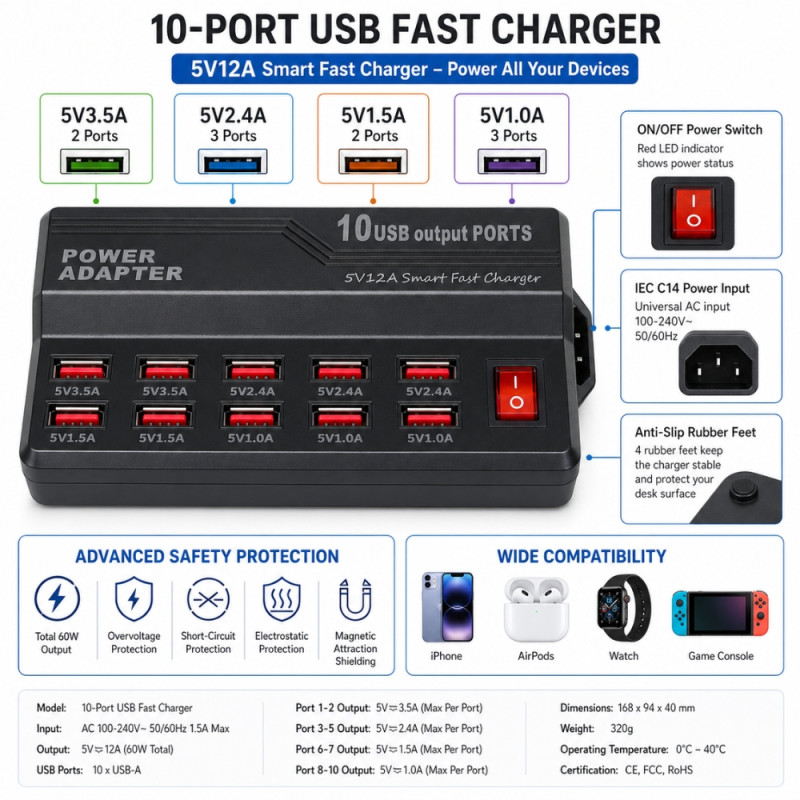 Product Name EN: Professional 10-Port USB Fast Charging Station – Multi-Device Hub (Black)