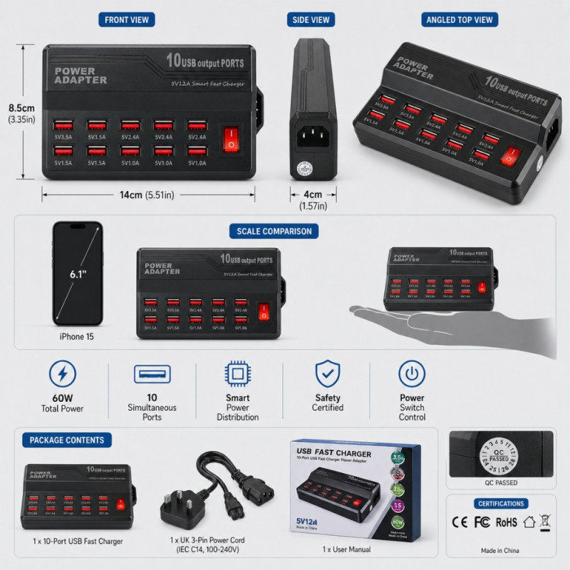Product Name EN: Professional 10-Port USB Fast Charging Station – Multi-Device Hub (Black)