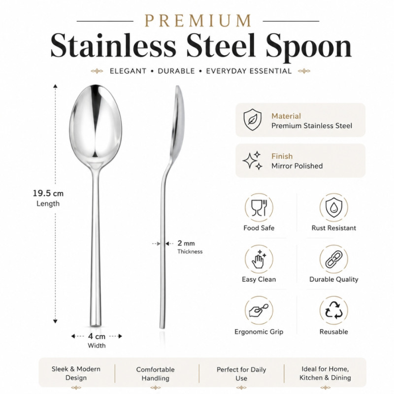Deluxe premium stainless steel table spoon with a mirror polished finish – Silver (19.5cm)