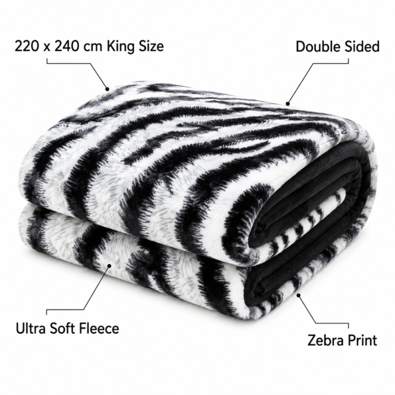 King Size Zebra Print Fleece Throw Blanket