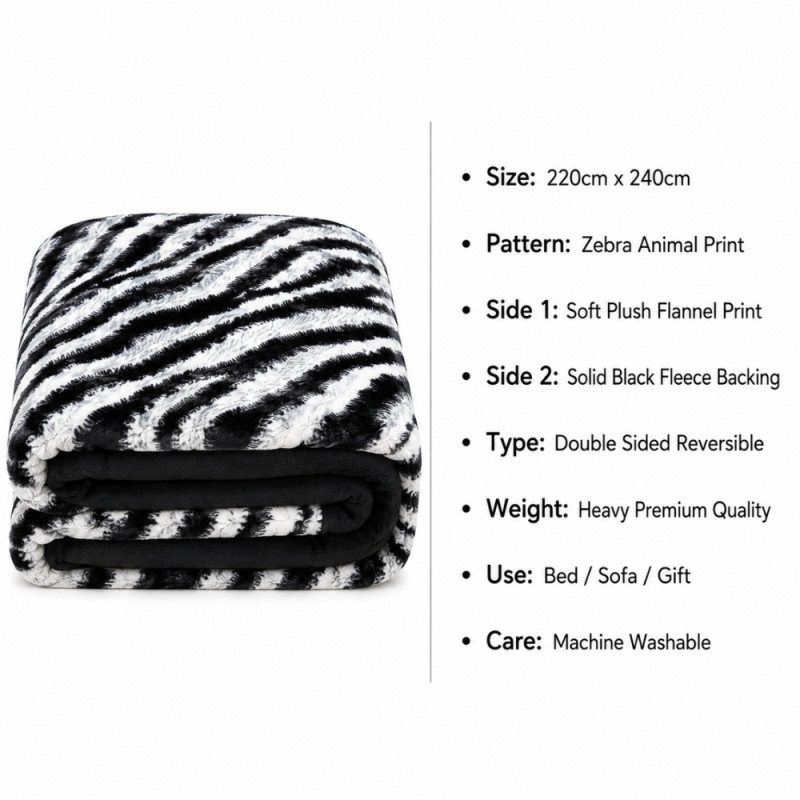 King Size Zebra Print Fleece Throw Blanket