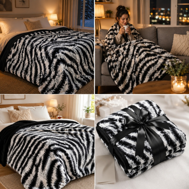 King Size Zebra Print Fleece Throw Blanket