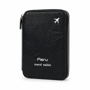 Professional Pieru RFID-Blocking Passport Wallet – Black Leather-Style with Airplane Icon (15cm)