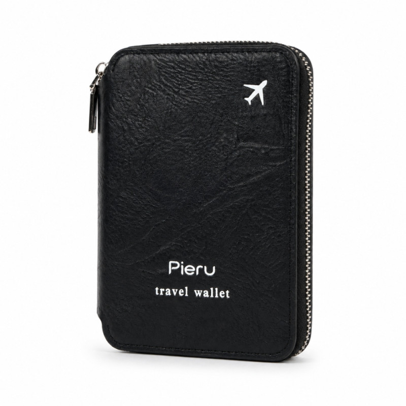 Professional Pieru RFID-Blocking Passport Wallet – Black Leather-Style with Airplane Icon (15cm)